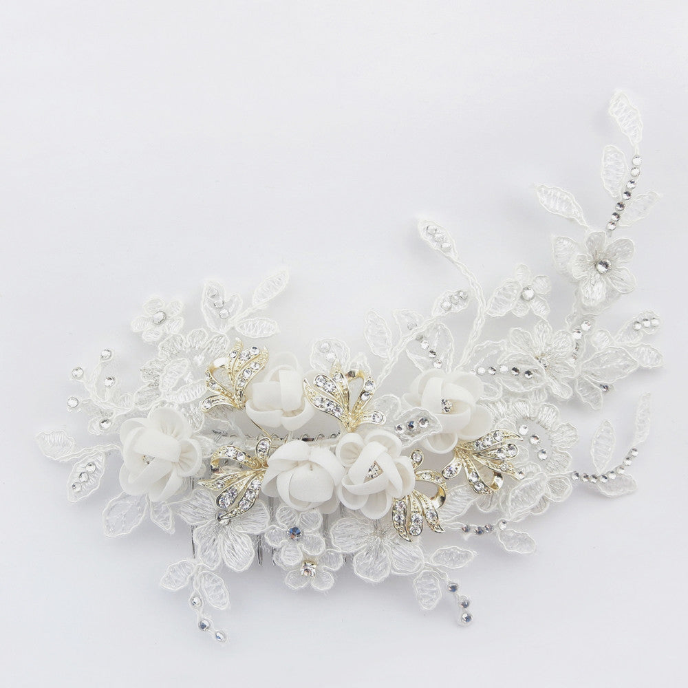 Diamond White Floral Organza & Lace Bridal Wedding Hair Comb with Gold Accents
