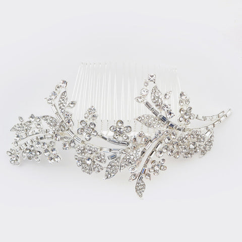 Silver Floral Leaf Rhinestone Bridal Wedding Hair Comb