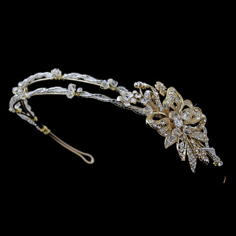 Gold Rhinestone, Swarovski Crystal & Glass Bead Floral Leaf Bridal Wedding Side Headband