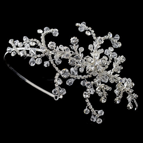 Silver Floral Swarovski Crystal Bead & Rhinestone Bridal Wedding Side Headband