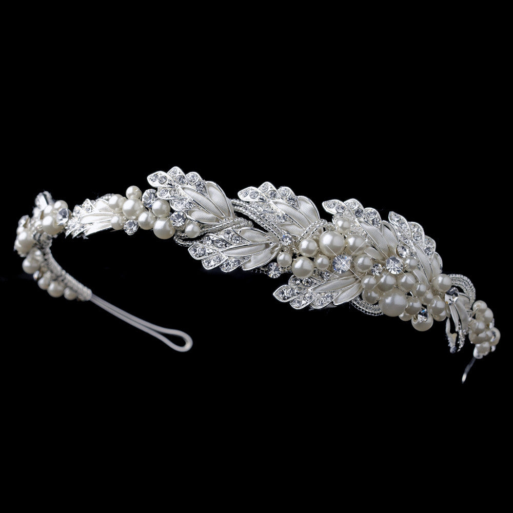 Silver Diamond White Satin Bridal Wedding Side Headband