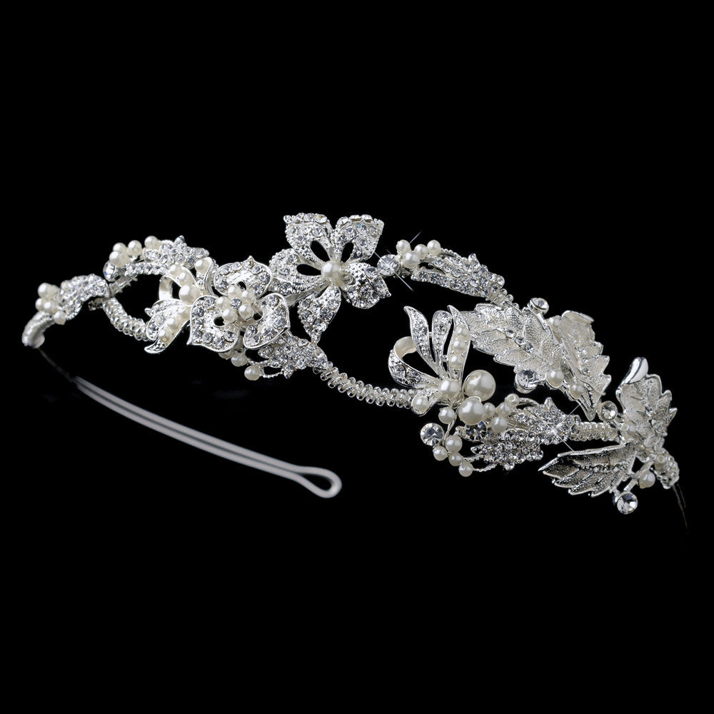 Silver Floral Leaf Bridal Wedding Side Headband