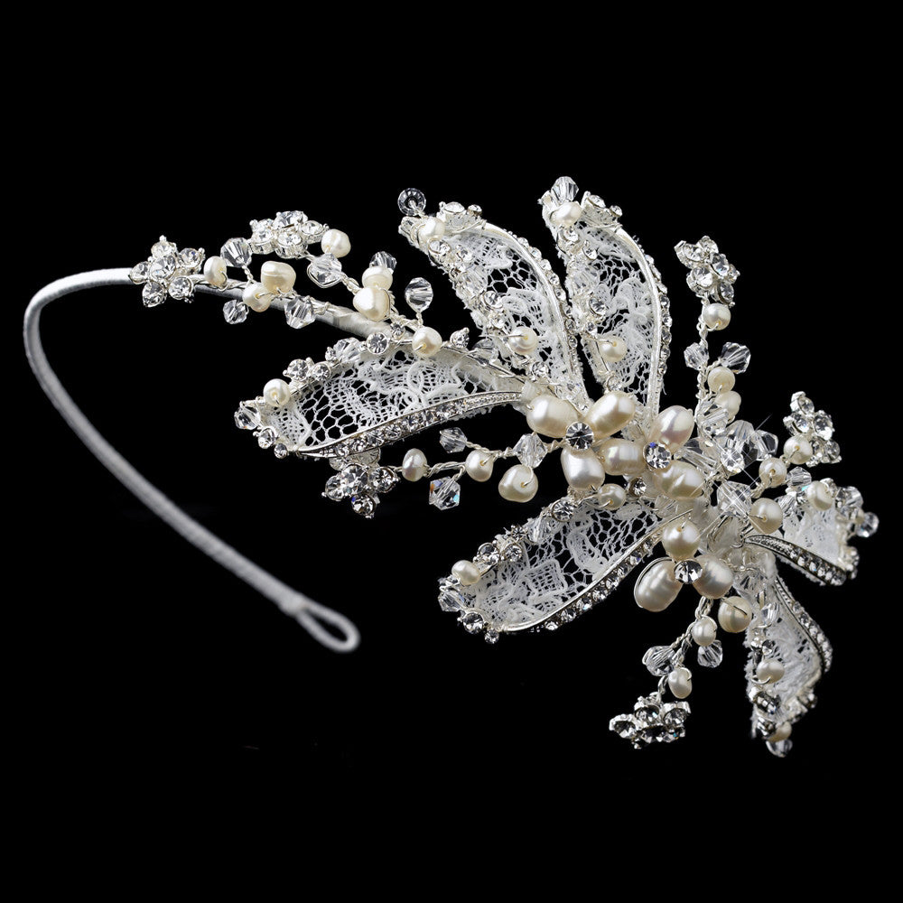 Silver Diamond White Lace, Swarovski Crystal & Pearl Bridal Wedding Side Headband