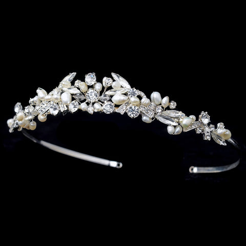 Silver Bridal Wedding Tiara Headpiece with Freshwater Pearls, Rhinestones & Swarovski Crystal Beads