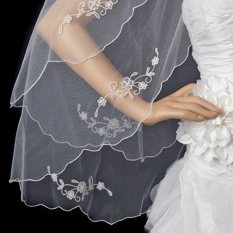 Bridal Wedding Double Layer Floral Applique Fingertip Scalloped Edge Bridal Wedding Veil 023