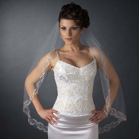 Single Layer Fingertip Length Embroidered Floral Leaves with Sequins Bridal Wedding Veil 1045 1F