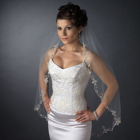 Single Layer Fingertip Length Scalloped Floral Embroidered Edge with Bugle Beads & Sequins Bridal Wedding Veil 1046 1F