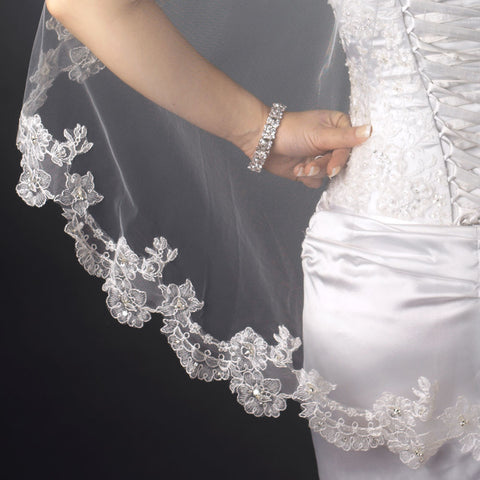 Single Layer Fingertip Length Scalloped Floral Embroidered Edge with Bugle Beads & Sequins Bridal Wedding Veil 1049 1F