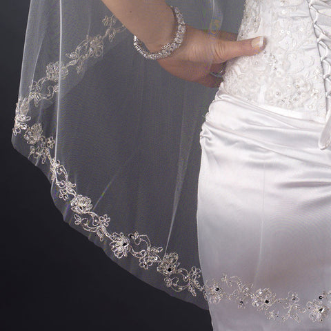 Single Layer Fingertip Length Embroidered Floral Bugle Beaded Edge Bridal Wedding Veil 1051 1F