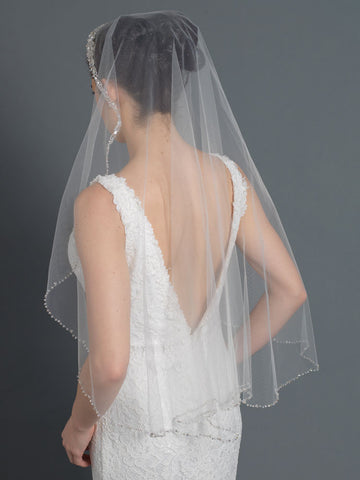 Bridal Wedding Ivory Single Layer Fingertip Veil With Beading V 1053 1F