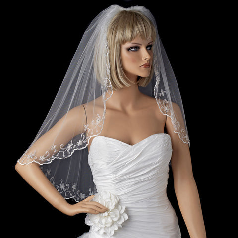Single Layer Elbow Length Bridal Wedding Veil with Floral Edge of Embroidery & Sequencing 1086