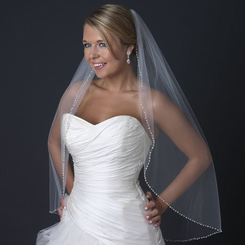 Single Layer Fingertip Bridal Wedding Veil with freshwater pearls, rhinestones & bugle beads V 1130 1F