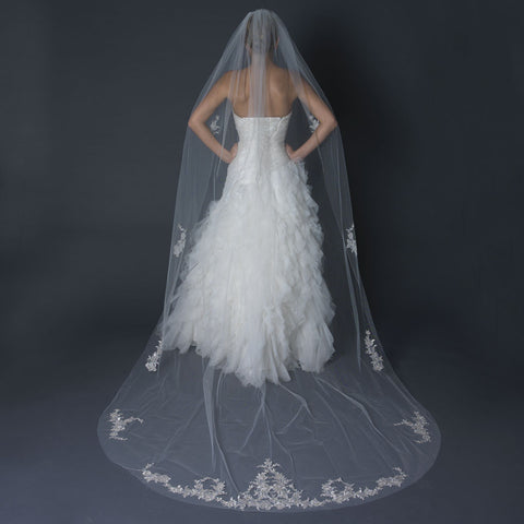 Single Layer Cathedral Length Cut Edge Bridal Wedding Veil with Floral Silver Embroidery & Beads