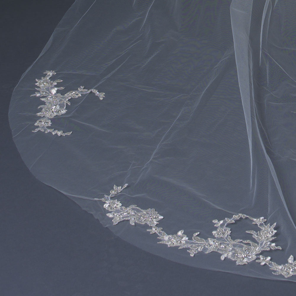 Single Layer Cathedral Length Cut Edge Bridal Wedding Veil with Floral Silver Embroidery & Beads