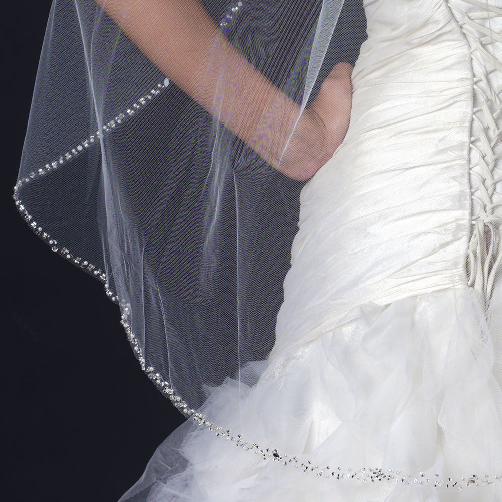 Single Layer Fingertip Length Cut Edge Bridal Wedding Veil with Pearls & Beads V 1136