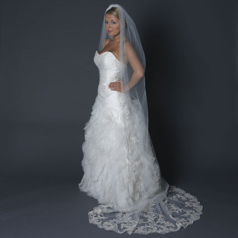 Single Layer Cathedral Length Scalloped Edge Bridal Wedding Veil with Floral Lace Embroidery 1139
