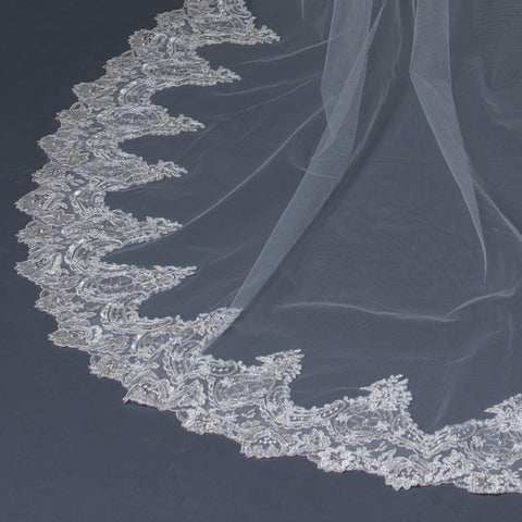 Single Layer Cathedral Length Scalloped Edge Bridal Wedding Veil with Floral Lace Embroidery V 1140 1C