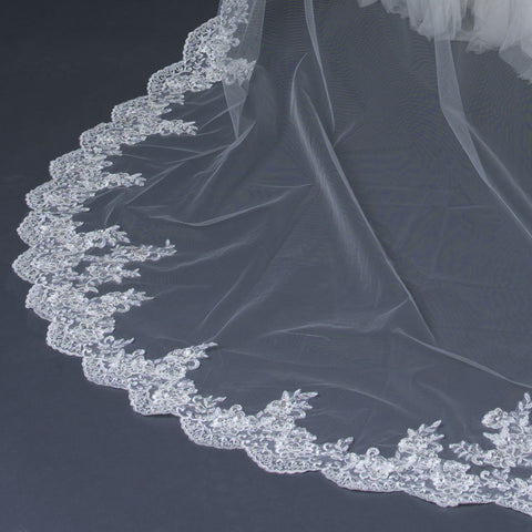 Single Layer Cathedral Length Scalloped Edge Bridal Wedding Veil with Floral Lace Embroidery V 1147 1C