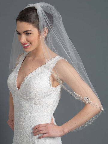 Single Layer Bridal Wedding Fingertip Veil w/ Beads, Rhinestones, Crystals & Pearl Accents Veil V 1162 1F