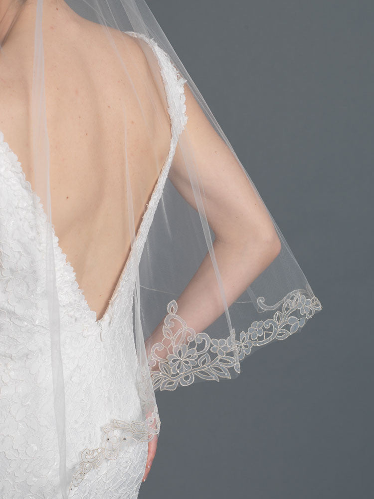 Single Layer Bridal Wedding Fingertip Veil w/ Light Silver Shimmer Floral Embroidery Along Bottom Edge w/ Rhinestone & Bead Accent V 1171 1F