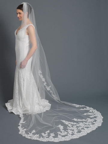 Single Layer Cathedral Length Accented with Embroidery Lace Bridal Wedding Veil 1185 1C