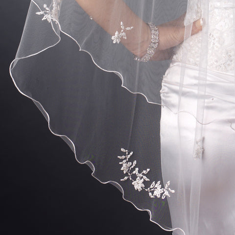Two Tier Floral Beaded Fingertip Length Bridal Wedding Veil in White or Ivory 123