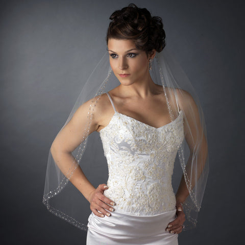 Single Layer Fingertip Length Cut Edge with Bugle Beads & Sequins Bridal Wedding Veil 1466 1F