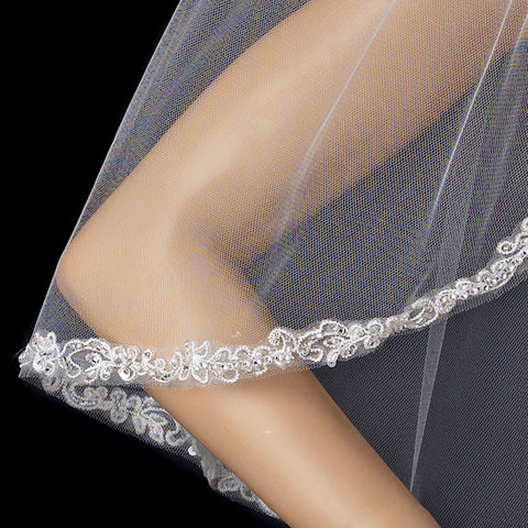 Single Layer Elbow Length Bridal Wedding Veil with Decadent Cut Edge of Embroidery & Accents 1560
