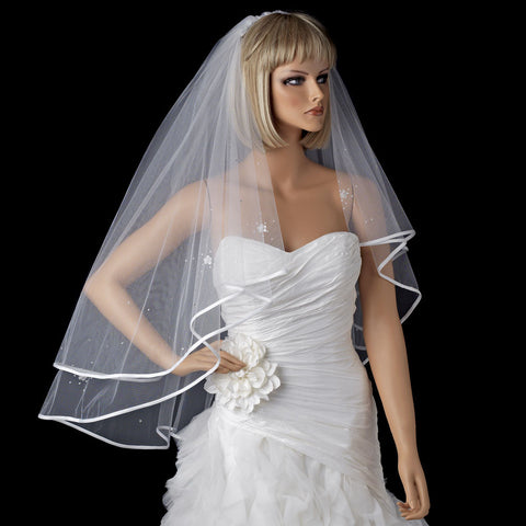 Bridal Wedding Double Layer Fingertip Bridal Wedding Veil 1721 w/Satin Ribbon Edge w/Scattered Flowers & Pearls