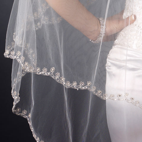 Double Layer Bridal Wedding Veil with Embroidered Floral Pattern on Pearl & Bead Scalloped Edge 1780