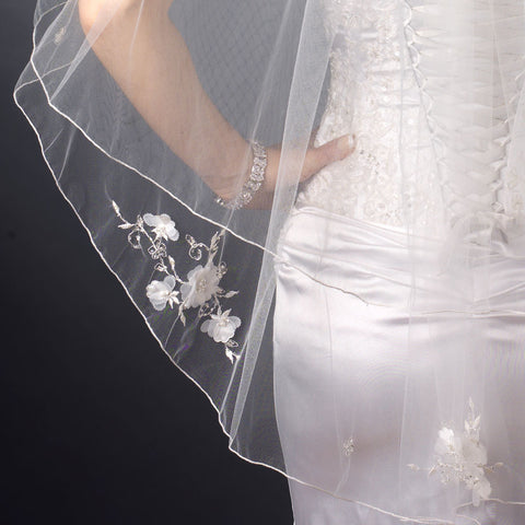 Double Layer Fingertip Length Satin Corded Edge with Sheer Organza Flowers & Bugle Beads Bridal Wedding Veil 2007 F
