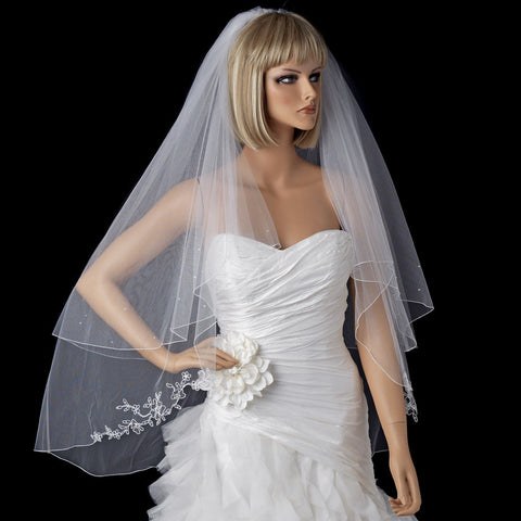 Two Tier Fingertip Length Bridal Wedding Veil with Flower Pattern Pencil Edge of Rhinestones & Pearls 2008