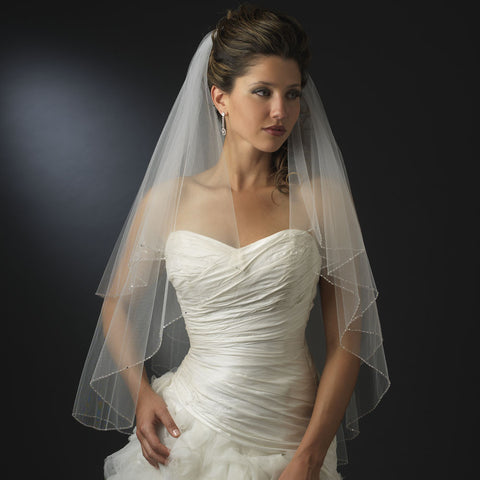 Double Tier Fingertip Length Bridal Wedding Veil with Rhinestone & Bugle Beaded Edge in Ivory 2017