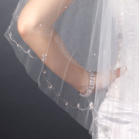 2 Tier Silver Embroidered Flowers Fingertip Bridal Wedding Veil (V 2022)