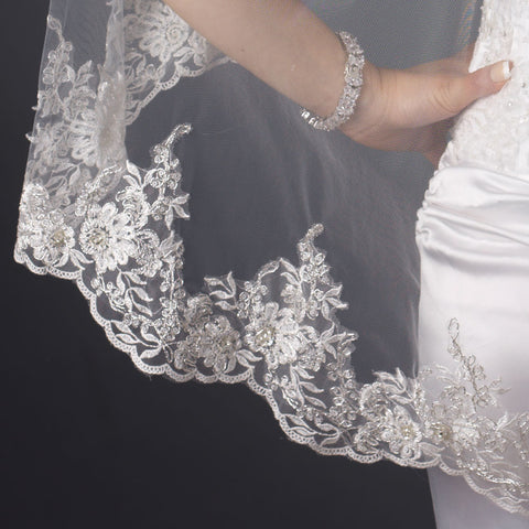 Single Layer Fingertip & Cathedral Length Silver Floral Embroidered Edge Bridal Wedding Veil 2128