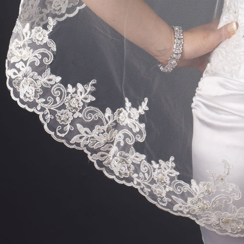 Single Layer Fingertip & Cathedral Length Scalloped Floral Embroidered Edge with Bugle Beads & Sequins Bridal Wedding Veil 2129 1F Also available in Cathedral