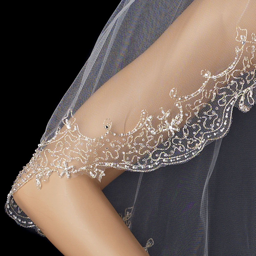 Shimmering Edge of Pearls Beads & Silver Threading Along Scalloped Elbow Length Bridal Wedding Veil in Ivory 2135