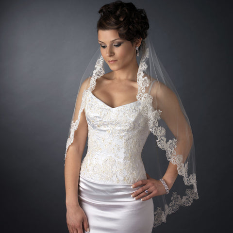 Single Layer Fingertip Length Scalloped Floral Embroidered Edge with Pearls Bridal Wedding Veil 2220 1F
