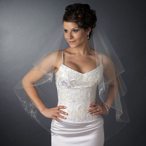 Double Layer Fingertip Length Cut Edge with Floral Embroidery, Bugle Beads & Sequins Bridal Wedding Veil 2541 F