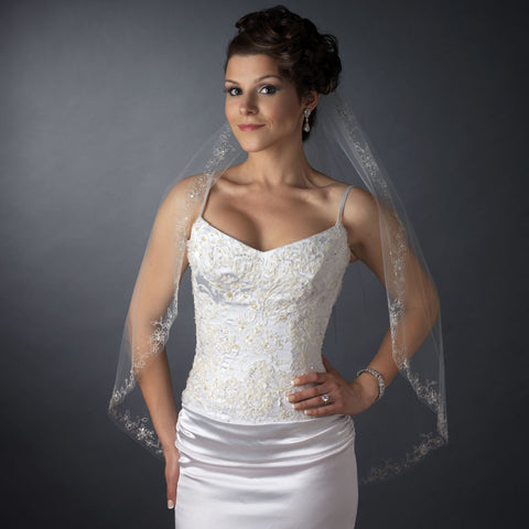 Single Layer Fingertip Length Cut Edge with Floral Embroidery, Pearls, Bugle Beads & Sequins Bridal Wedding Veil 2543 1F