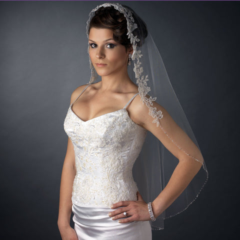 Single Layer Fingertip Length Flower Embroidery with Bugle Beads & Sequins Bridal Wedding Veil 2570 1F