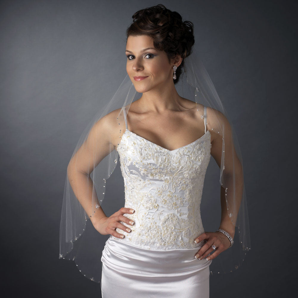 Single Layer Fingertip Length Scalloped Cut Edge with Rhinestones & Swarovski Crystal Beads Bridal Wedding Veil 2579 1F Ivory Single Layer Fingertip Length Scalloped Cut Edge with Rhinestones & Swarovski Crystal Beads Bridal Wedding Veil 2579 1F Ivory