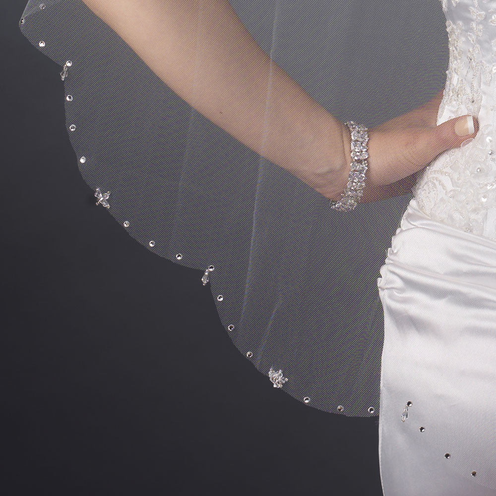 Single Layer Fingertip Length Scalloped Cut Edge with Rhinestones & Swarovski Crystal Beads Bridal Wedding Veil 2579 1F