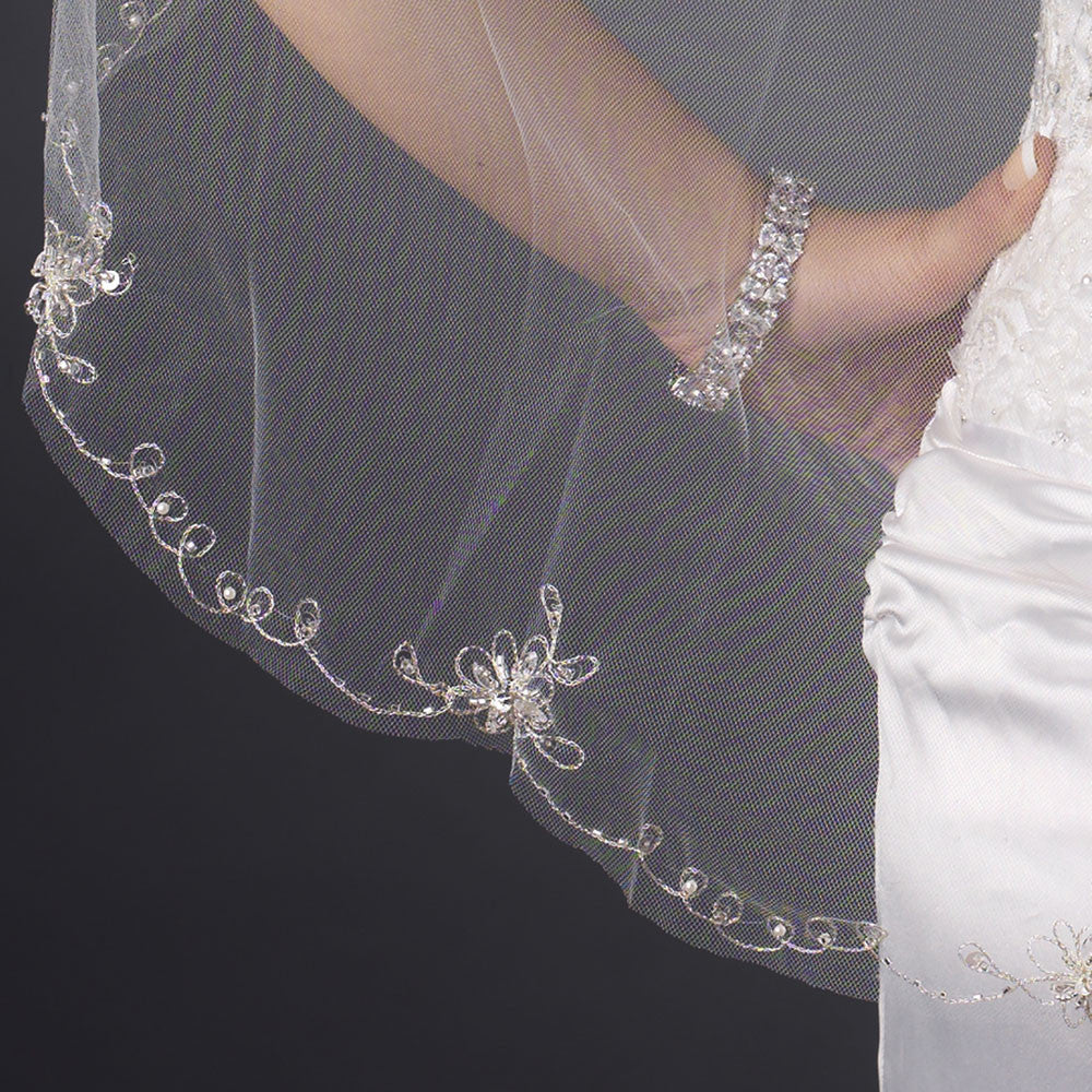 Single Layer Fingertip Length Cut Edge with Floral Embroidery, Pearls, Rhinestones, Bugle Beads & Sequins Bridal Wedding Veil 2581 1F