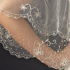 Double Layer Fingertip Length Scalloped Edge with Gold or Silver Stitching Floral Swirl Embroidery, Bugle Beads & Scattered Pearls Bridal Wedding Veil 2943 F