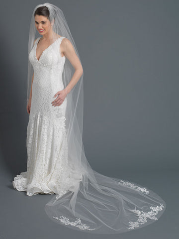 Single Layer Bridal Wedding Cathedral Veil Accented w/ Embroidered Lace & Rhinestones Veil 3434 1C