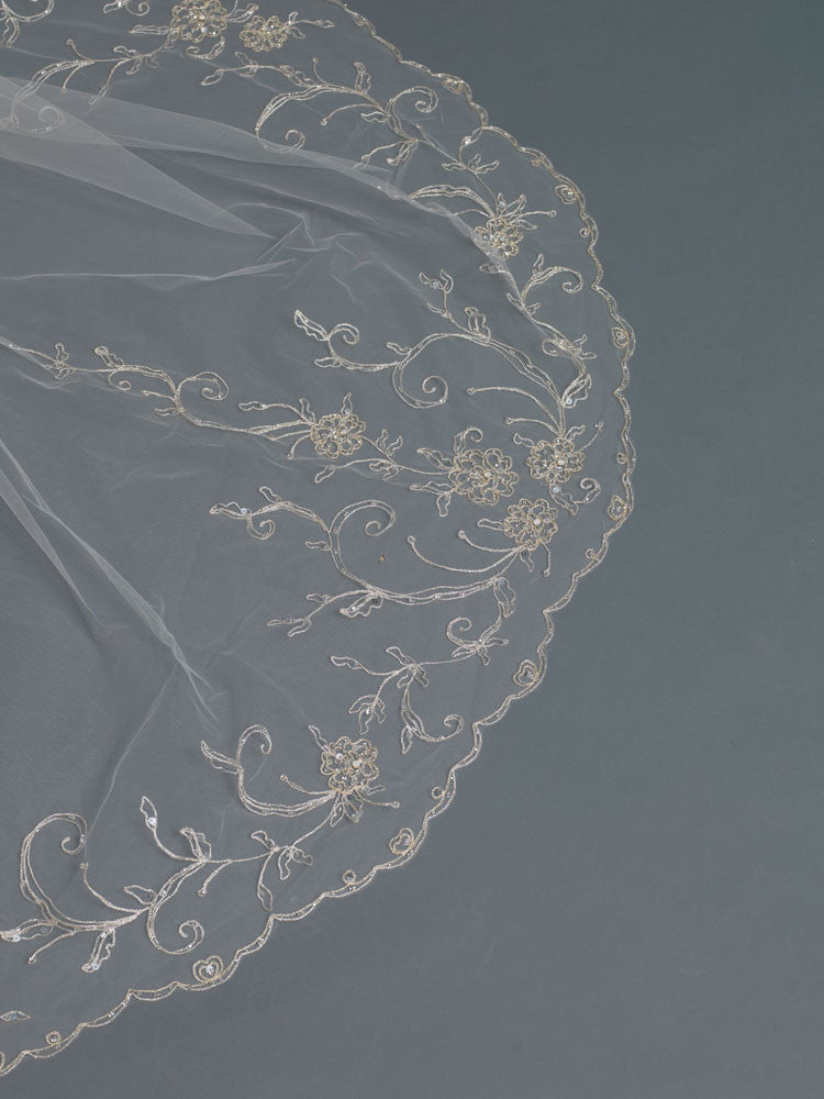 Single Layer Bridal Wedding Cathedral Veil Accented w/ Silver/Gold Embroidered Lace & Rhinestones & Bugle Beads V 3507 1C