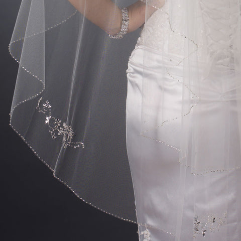 Double Layer Fingertip Length Bugle Beaded Edge with Rhinestone Floral Design Bridal Wedding Veil 4433 F
