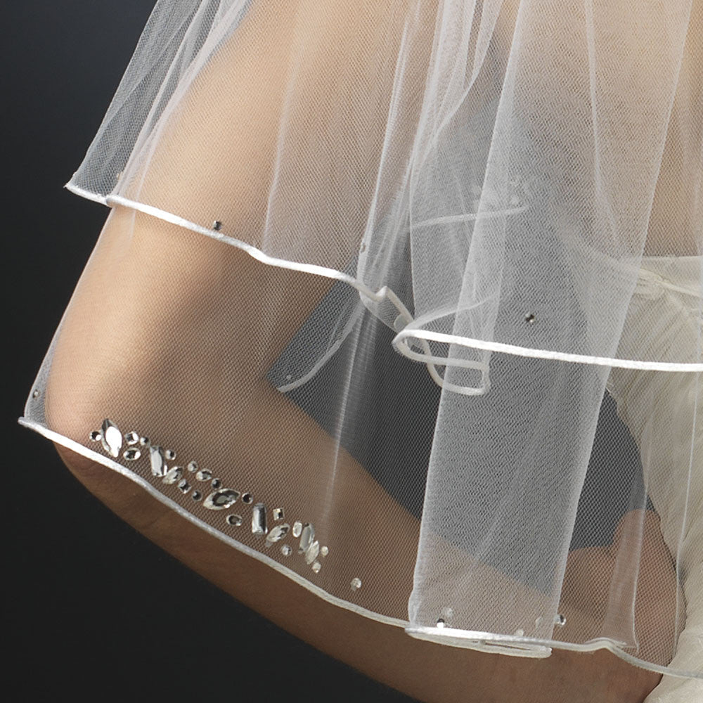 Double Layer Elbow Length Bridal Wedding Veil with Satin Corded Edge & Geometric Rhinestone Accents 4527