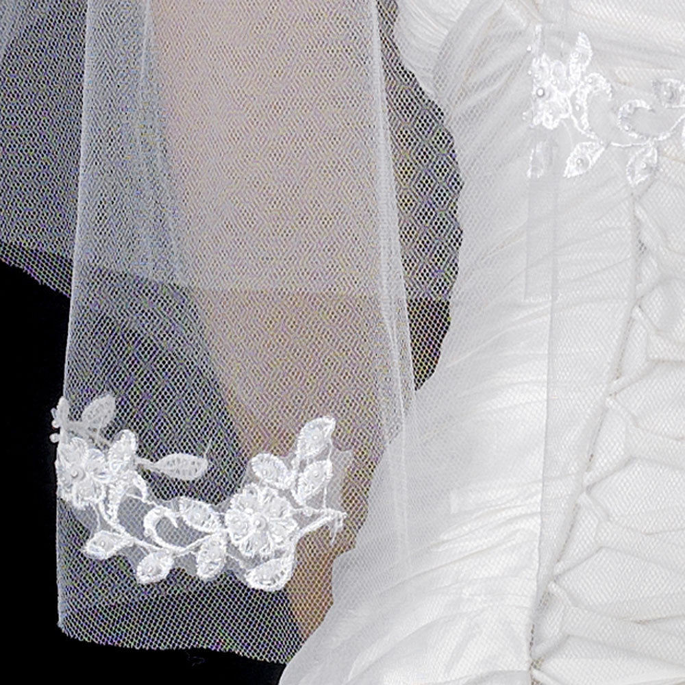 Double Layer Elbow Length Bridal Wedding Veil in Ivory with Flower Embroidery & Pearls